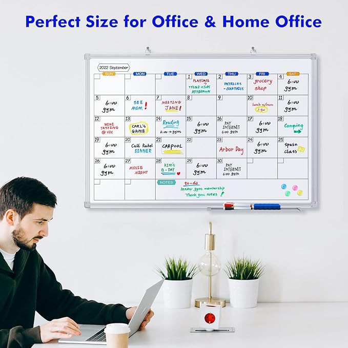 Dry Erase Calendar Whiteboard for Wall, 36" x 24" Magnetic Monthly White Board Calendar Dry Erase, Wall Hanging Aluminum Frame with Tray for Home, School, Office (Silver Frame)