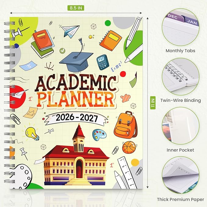 Oucaru Academic Planner 2026-2027,Weekly & Monthly Planner with Hourly Schedule, July 2026 - June 2027, 8.5" x 11" Large School Year Calendar, 80gsm Thick Paper, Student Teacher Lesson Plan Book