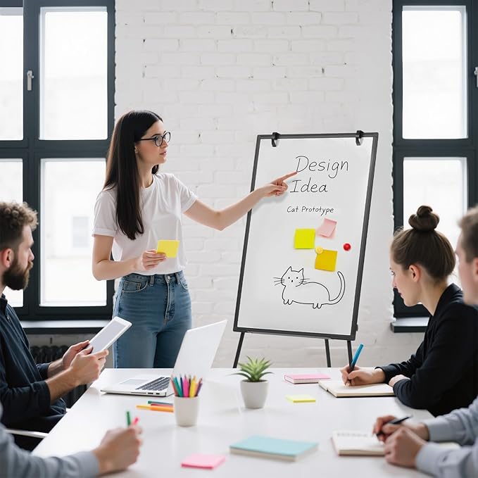 OLIXIS 36" x 24" Magnetic White Board with Stand, Standing Dry Erase Board, Whiteboard with 1 Dry Eraser & 2 Multicolor Markers & 4 Magnetic Pins, Aluminium Frame for Home, School, Office, Black
