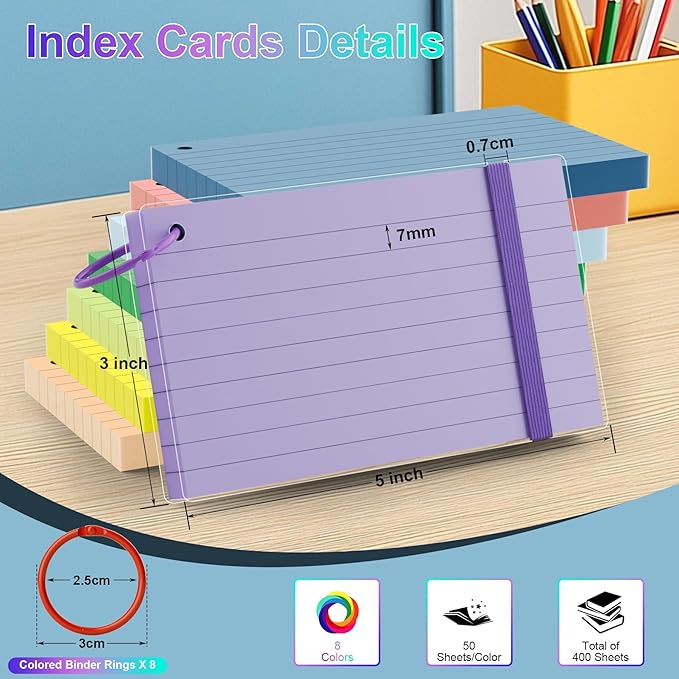 HAUTOCO 400 PCS Colored Index Cards 3x5 with Rings, Ruled Flashcards with Waterproof Covers, 8 Colors Note Cards for Studying, Vocabulary, Recipes, Office & School
