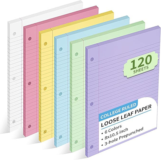 6 Color Loose Leaf Paper College Ruled, 120 Sheets 8" X 10.5" Colored Notebook Paper, 3-Hole Punched 70 Gsm Lined Paper For 3-Ring Binders, Loose Leaf Office Paper