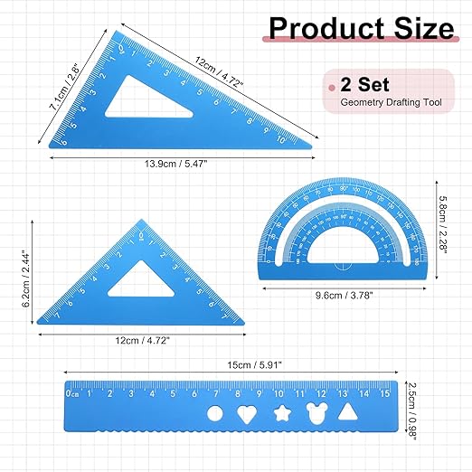 PATIKIL 8 Pcs Geometry Drafting Tool, Aluminum Alloy Geometry Kit Math Tool Includes 15cm L Ruler Protractor Triangles for Drafting Angle Measure Simple Science Experiment, Sky Blue