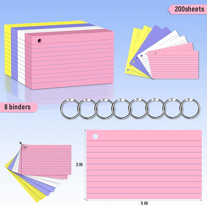 400 Count 3 x 5 Inch Colored Index Cards with Binder Rings, Lined & Blank Study Cards, Thick Cardstock Flash Cards for Students & Teachers, Color-Coded Notecards for School, Home, Work