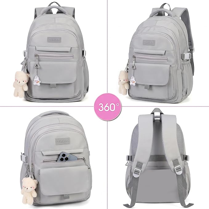 PRLINJSK Girls Backpack for College High Middle School Student, Cute Aesthetic Bookbag for Teens Women with Accessories,Grey