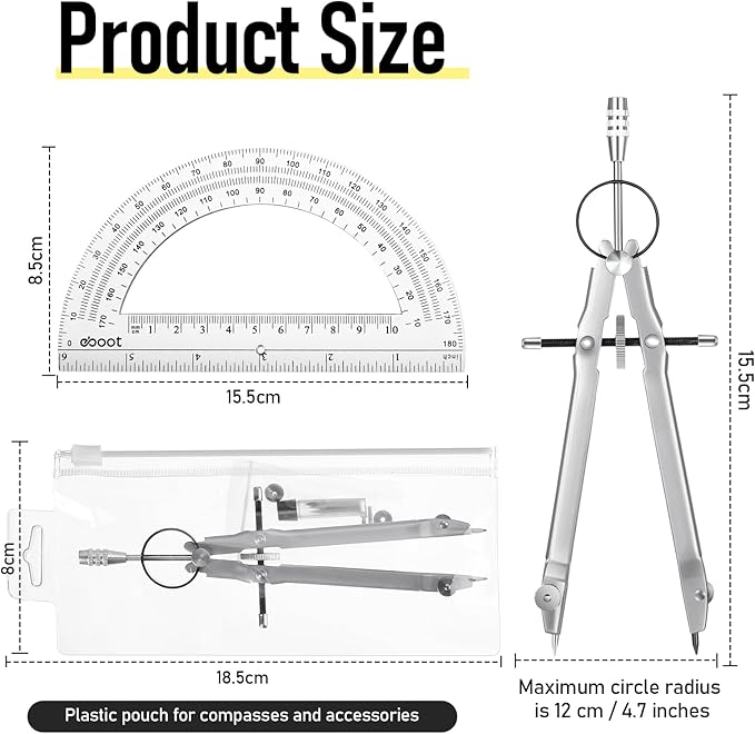 EBOOT Student Geometry Math Set, Metal Drawing Compass and 6 Inch Clear Swing Arm Protractors 180 Degree Math Protractor(Silver)
