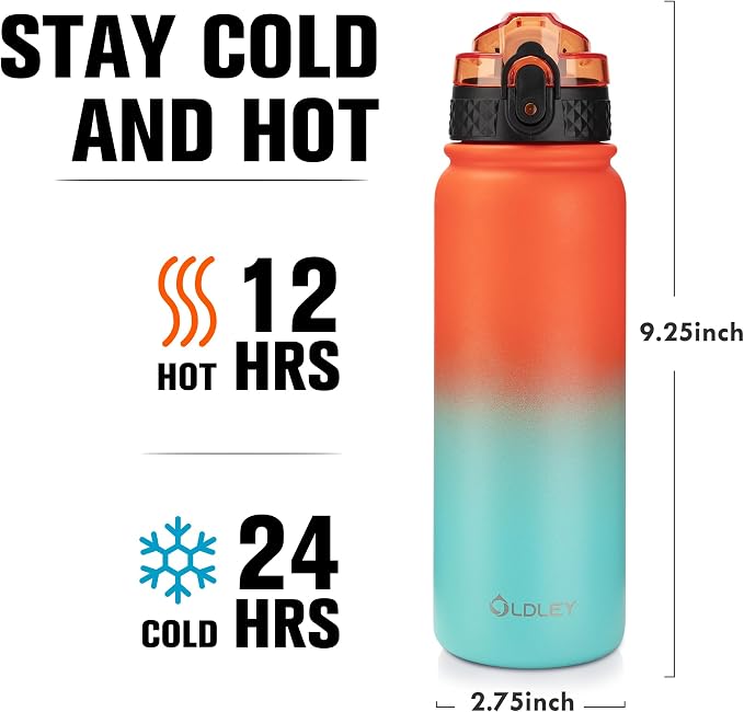 Oldley Insulated Water Bottle 20oz Water Bottles with Straw, Stainless Steel Water Bottle with 3 Lids, Double Wall Vacuum Bottels for Adults School Kids,Leak-Proof Sport Bottles, Ombre Orange-green