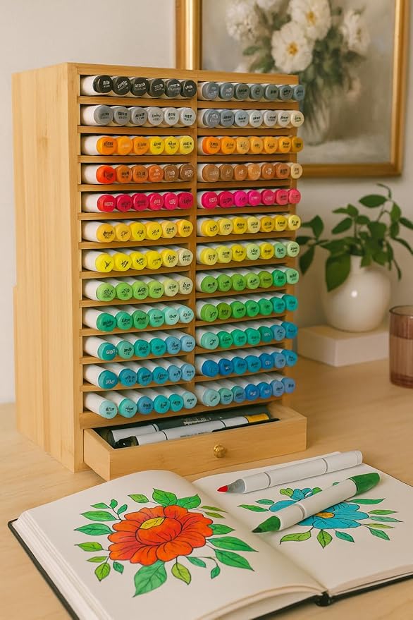 EpicGifts Alcohol Marker Organizer Storage for 168 Alcohol Markers With Marker Storage Drawer and Coloring Book Holder Slot - Bamboo Wooden Marker Storage Organizer