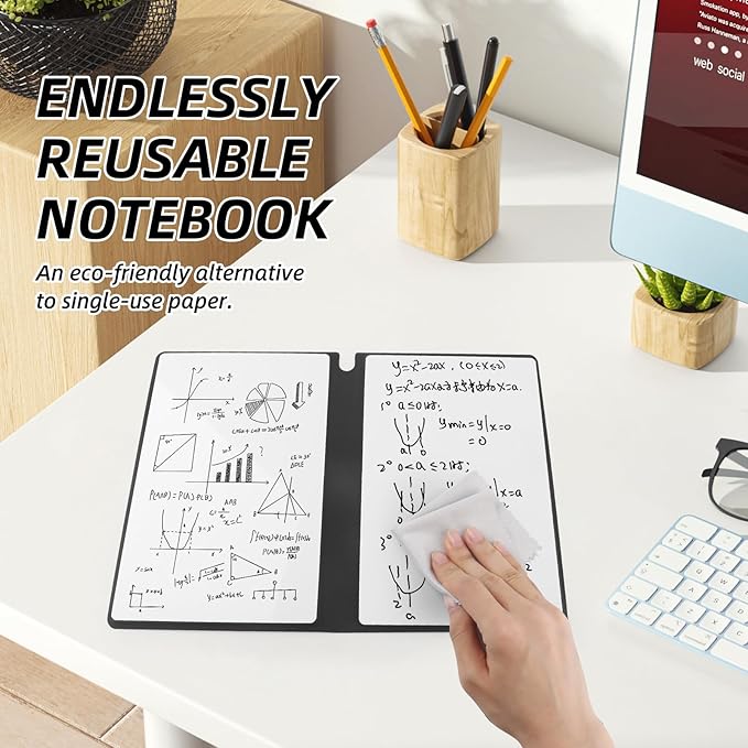 Reusable A5 Dry Erase Notebook Include a Wipeable Pen and Rag,9.4x6.5 Inch Erasable Notebook Whiteboard Notebook,Wipeable Notebook PU Hardcover for Office and Taking Notes(Denim Blue)