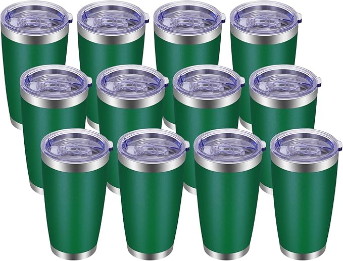 VEGOND 20oz Tumbler with Lid and Straw Stainless Steel Tumbler Cup Bulk Vacuum Insulated Double Wall Travel Coffee Mug Powder Coated Coffee Cup, Dark Green, 12 Pack
