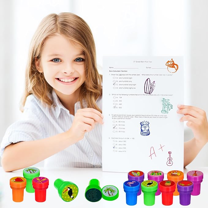 Cinrobiye 24 Pcs Hawaiian Luau Stampers for Kids, Tropical Party Favor Set, Hawaii Theme Stampers with Palm Tree Hibiscus Surf Designs, Luau Birthday Party Supplies, Classroom Rewards, Goody Bags