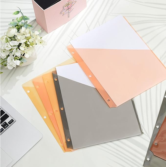 Maitys 5 Pack Binder Pockets 3 Hole Punch Clear Plastic Document Folders Binder Organizer Store Letter Size 8.5 x 11 Inch Paper Folders with Pockets Slash File Jacket for Office (Vintage Color)