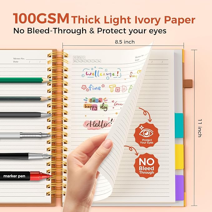 XYark A4 Hardcover Spiral Notebook, 8.5"x11" College Ruled Notebooks with Removable Dividers Tabs & Ruler, 5 Subject Notebook 300 Pages, Large Lined Journal for Women Men School Work Office, Orange