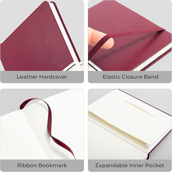 M&G Dotted Journal Notebook, 160 Pages A5 Hardcover Leather Journal for Men Women, 100GSM Thick College Ruled Paper for School and Work Note Taking 5.6" x 8", Burgundy
