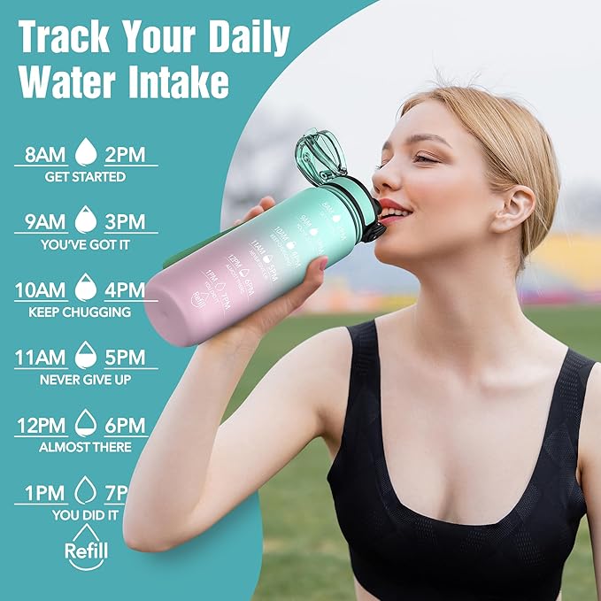 OLDLEY Water Bottle, 32oz Motivational Sports Water Bottle with Time Marker - Times to Drink - Tritan, BPA Free, Wide Mouth Leakproof, Anniversary Birthday Gifts for Men Women,Bubble Gum (1 Bottle)