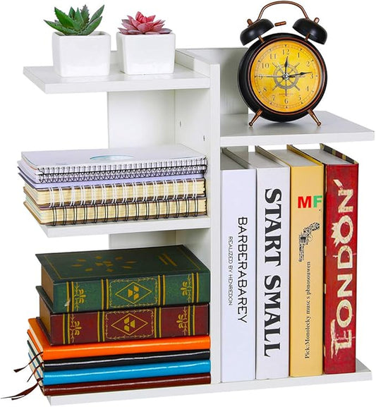 PAG Wood Desktop Shelf Small Bookshelf Desk Supplies Organizers and Accessories Storage Display Rack Office Decor for Women, White