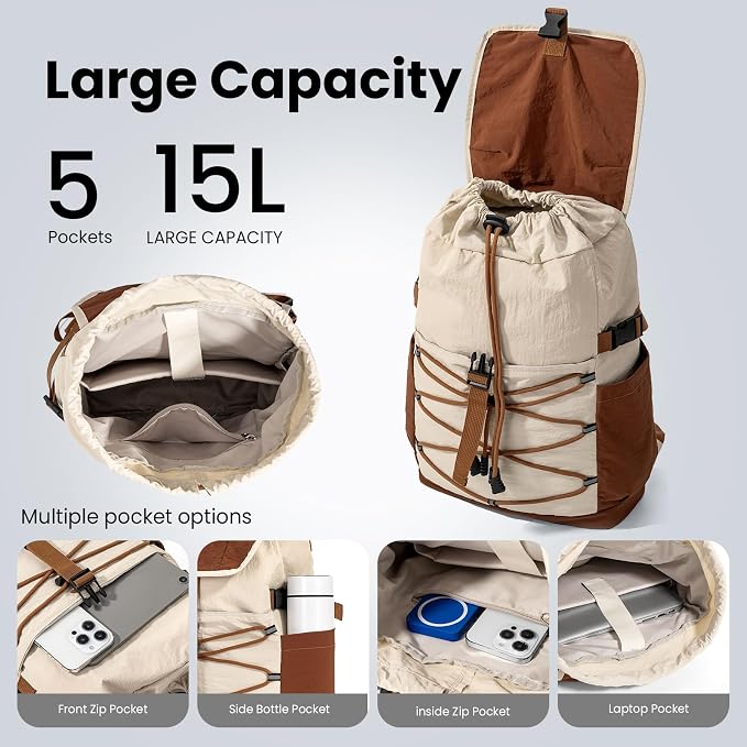 Travel Backpack for Women Men, Carry On Laptop Backpack fits 16'' Laptop, Lightweight Waterproof Nylon Casual Daypack with Multiple Pockets, Basics Bag for Outdoor, Walking, Hiking. (Khaki)