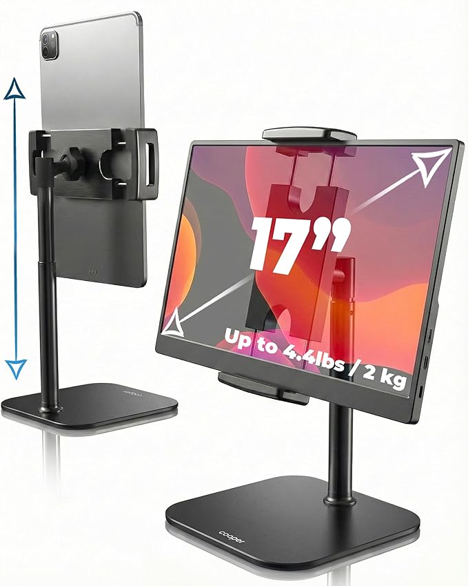 COOPER TabStand Mini, 10" Height Adjustable Tablet Stand, Ipad Stand for Desk, Portable Monitor Holder, Heavy Duty Grip, Tripod iPad Holder, Tablet Mount, for Samsung Tablets, Kindle eReaders (Black)