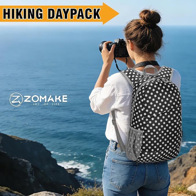 ZOMAKE Lightweight Packable Backpack 20L, Foldable Small Daypack for Hiking | Water Resistant Backpacks Day Bag for Travel Outdoor Camping Sport, Everyday Carry, Multiple Pockets(Black, White Polka Dot)