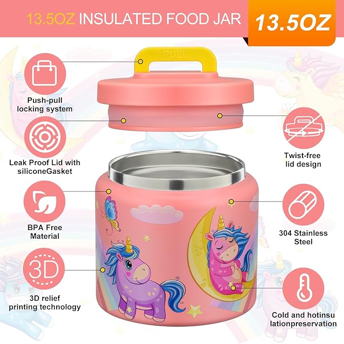 JXXM 13.5 Oz Thermo Food Jar for Hot & Cold Food for Kids, Insulated Lunch Containers Hot Food Jar,Leak-Proof Vacuum Stainless Steel Wide Mouth Lunch Soup Thermo for School (Rainbow Unicorn)