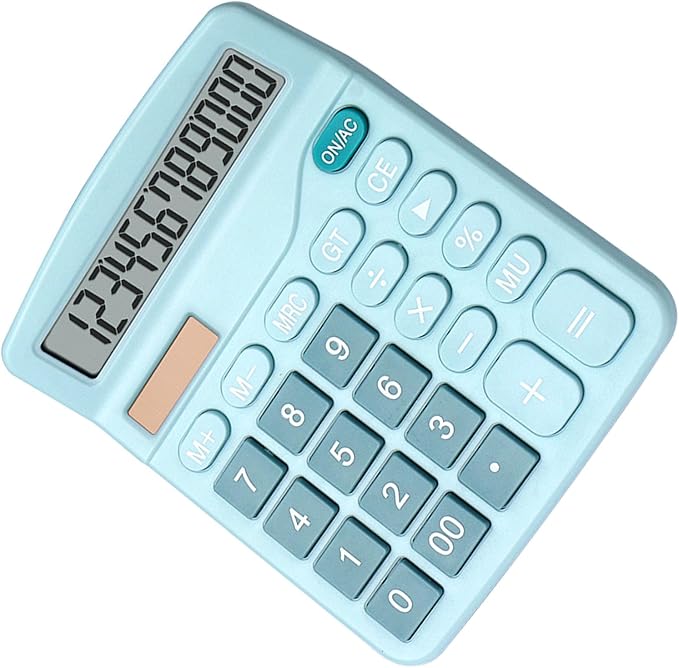 Fdit Solar Calculator, 12 Digit Portable Desktop Calculator with Solar Power and Light Textured Keys, for Students Teachers and Office Workers (Blue)