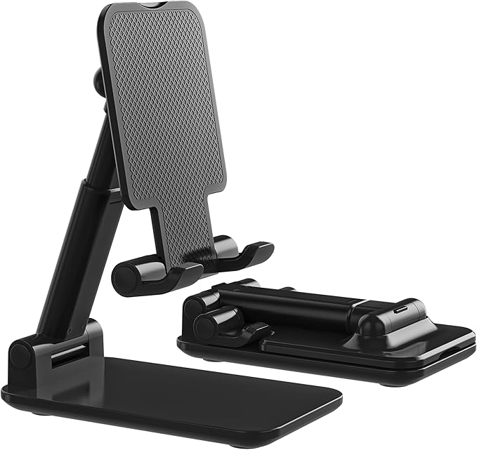 Phone Holder for Desk, MT-6 Cell Phone Stand for Desk Universal Cellphone Stand Holder Foldable & Height Adjustable Compatible Under 8” Device, with Silicone Mat, Black