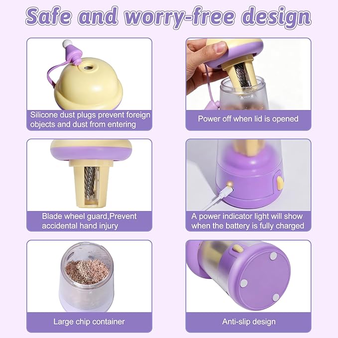 Rechargeable Electric Pencil Sharpener, 6-12mm Auto in & Out Fully Automatic Pencil Sharpener for Kids, Large Capacity Battery Powered, with Cartoon Stickers Ideal for Classroom & Home (Yellow-purple)