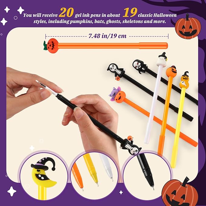 SANNIX 20pcs Halloween Cartoon Pens, Novelty Pumpkin Ghost Skull Bat Gel Ink RollerBall Pens for Halloween Birthday Party Favors Gift Home Supplies