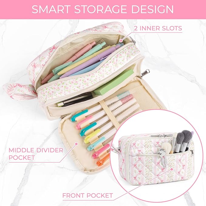 WOBAGMEN Quilted Pencil Pouch for Girls Women, Large Pencil Case Pouch with Compartments Cute Aesthetic Pencil Case Organizer, Floral Pencil Bag for School Supplies (Bow Floral Stripes)