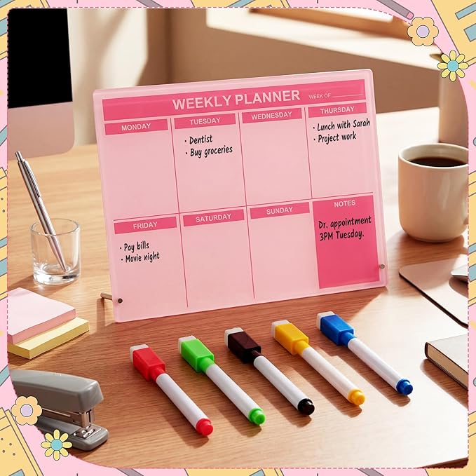 Desktop Acrylic Weekly Planner Board Acrylic Calendar Dry Erase Board with Stand to Do List Planner Boards with Daily Schedule and Markers for Family Home Office(Pink)