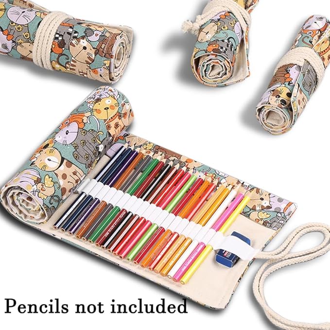 DIYOMR 24/36/72 Slots Pencil Wrap Pencil Rolls, Artist Colored Pencils Roll Up Bag Short Brushes Pouch Case Pencils Organizer for Drawing Coloring and Sketching, NO PENCILS (Cuddly Cat, 72slots)