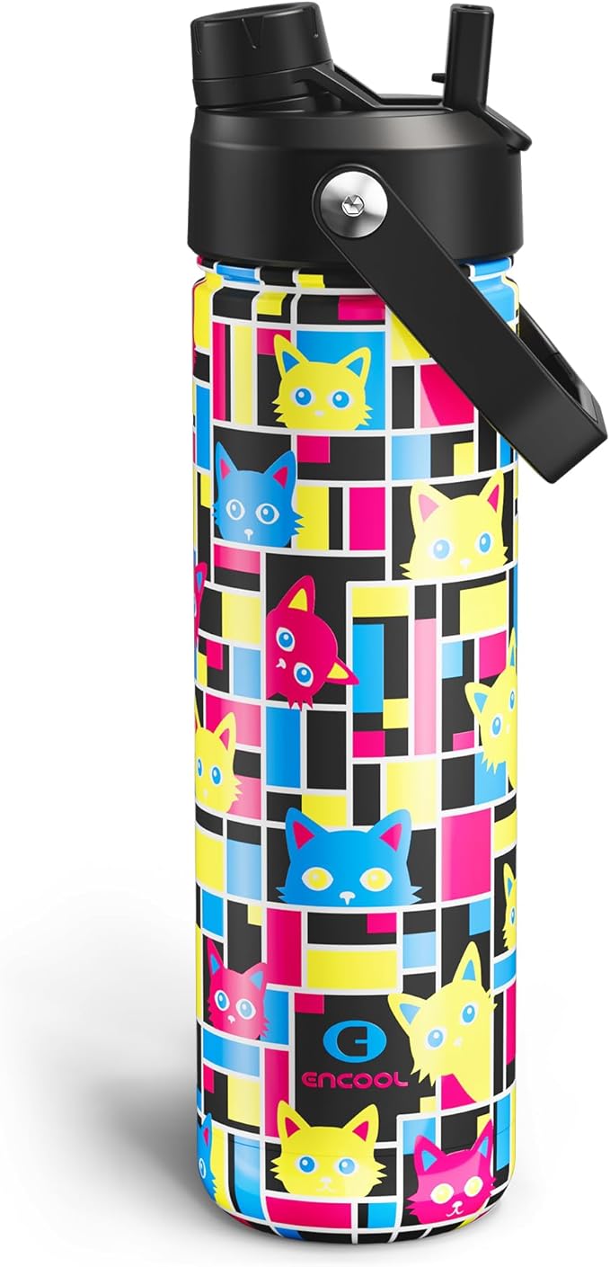 ENCOOL Insulated Water Bottle with Straw Stainless Steel Water Bottle, Leak-Proof, BPA-Free, Double Wall Vacuum Keeps Cold for 24 Hours for Sports, Travel, School (26 oz, Mosaic Cats)