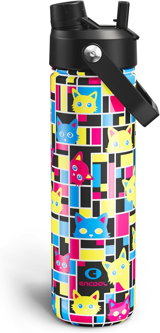 ENCOOL Insulated Water Bottle with Straw Stainless Steel Water Bottle, Leak-Proof, BPA-Free, Double Wall Vacuum Keeps Cold for 24 Hours for Sports, Travel, School (26 oz, Mosaic Cats)
