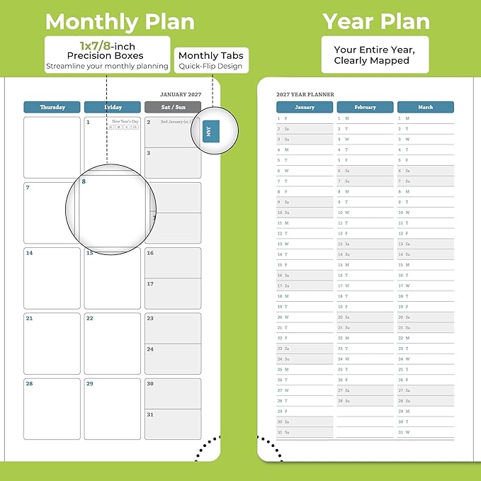 Weekly Monthly 2026-2027 Planner (July 26-Dec 27),6.5"x3.75",18 Months Agenda Plan with Month Tabs & Pocket,Expenses/Note Pages, Academic Calendar with Vegan Leather Cover,Wasabi Green