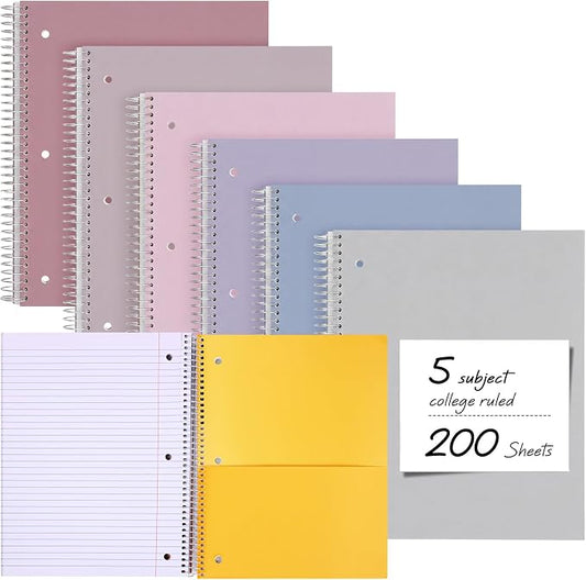 Qilery 6 Pack 5 Subject Notebook College Ruled with Hardcover 200 Sheets Thick Pages 8 x 10.5 Inch Spiral Journal Thick Notebook 3 Hole Assorted Colors Easy Tear Line Office(Taro Color)