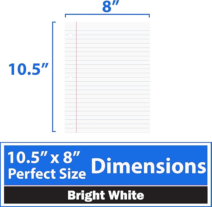 Loose Leaf Paper College Ruled Notebook Paper College Ruled Lined Writing Filler Paper 10.5” x 8” 7200 Sheets 200 Sheets Per Pack 60 gsm (36 Pack)