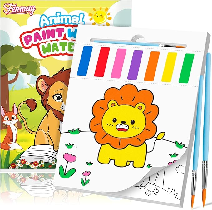 Fenmay Paint with Water Books for Kids - Mess Free Watercolor Paint Sets with 2 Premium Brushes for Kids Ages 3-5 4-8, Arts and Crafts Drawing Activities, Toddler Birthday Gift（Animal）