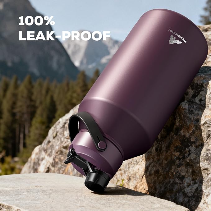 POWCAN 64 oz Insulated Water Bottle with 2-in-1 Straw & Spout Lid, Leakproof, Top Handle, Keep Cold 48H, BPA-Free, Brush, Metal Water Bottle with Carrier Bag for Work, Sports, Travel and Gym (Plum)