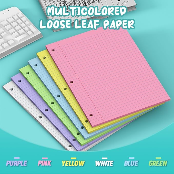 120 Sheets Loose Leaf Paper 8 x 10.5, 6 Colors Lined Paper College Ruled, 3-Hole Punched Notebook Paper 8 x 10.5, 3-Ring Binder Paper 20 Sheets/Pack, Colored Filler Paper for Office, School, Home