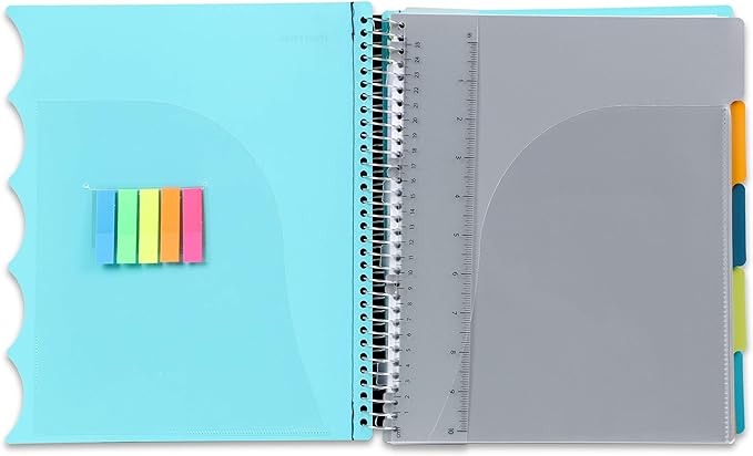 Mintra Office Durable PREMIUM Spiral Notebook, ((Teal, 5 Subject, 8.5in x 11in)), Fabric Covered Coils, No Snags, Removable Adjustable Pocket Dividers, Ruler, Organization, Customizable