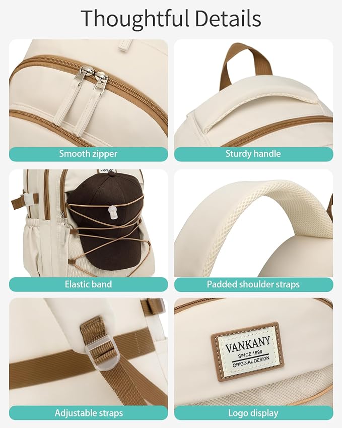 Teen Girls Backpack School Bag, 17.3in Laptop Backpack for Women Work Commuter, Aesthetic College Bookbag for Students, Beige