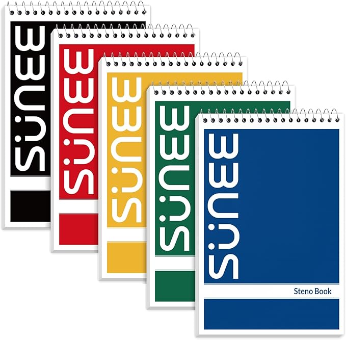 SUNEE Steno Pads 6x9 5 Pack, Gregg Rule, 60 Sheets, White Paper, Take Notes with Top Spiral Notebook, for School, University, College, Work, Office, Classic Color