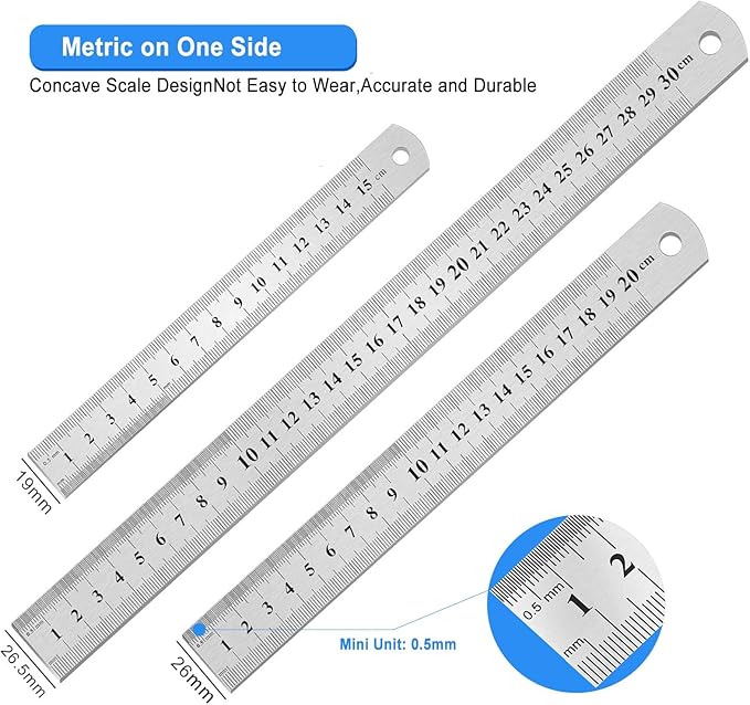 3 Pack Metal Ruler, Double-Sided Scale【6,8,12inch & 15,20,30cm】 Steel Ruler Set for Architects, Home, School, Office and Craft