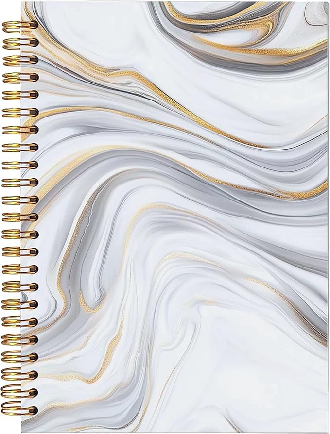 White & Gold Marble Spiral Notebooks - Minimalist White Gold Marble Design Hardcover Journals for Daily Notes/Planning/Note Taking, Stylish Sleek Gifts for Women/College Students/Worker