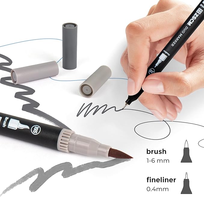 ZSCM Gray Duo Tip Marker Pens, 12 Pack Fine & Brush Markers for Adult Coloring Books No Bleeding, Neutral Gray Markers for Shading, Urban Sketches, Architectural Drawings and Realistic Textures