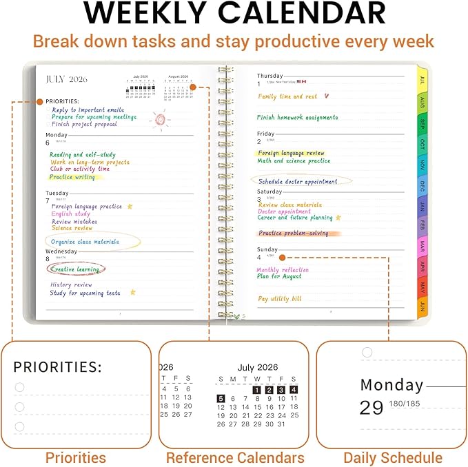 Academic Planner 2026–2027, Weekly & Monthly Calendar Planner, July 2026 – July 2027, Hardcover A5 (6.3" x 8.5") Agenda with Tabs, School Planner for Students & Teachers, Smiley Face