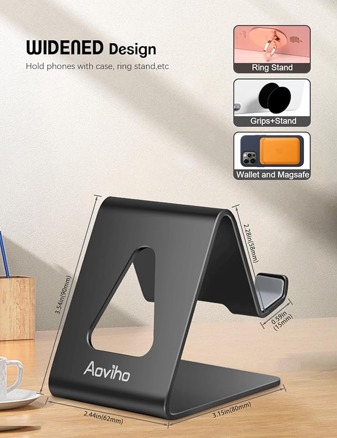 Aoviho Cell Phone Stand for Desk, Aluminum Phone Holder for iPhone 17 16 15 Pro Max, Samsung Galaxy, Stable Office Desk Accessories,Hands Free Stand for Office Home, Black
