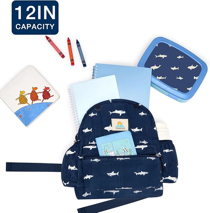 STEAMEDBUN Corduroy Toddler Backpack for Girls 2-4: Kids backpack for Boys Girls - 12 inch Preschool Kindergarten Backpacks - Blue Shark
