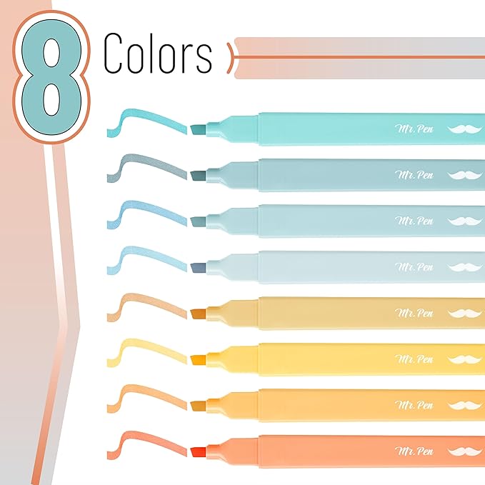 Mr. Pen- Aesthetic Highlighters No Bleed, 8 Pack, Pastel Colors, Chisel Tip, Cute Highlighters Assorted Colors for Journaling, Highlighting, Underlining, Fast Dry, Back to School Supplies
