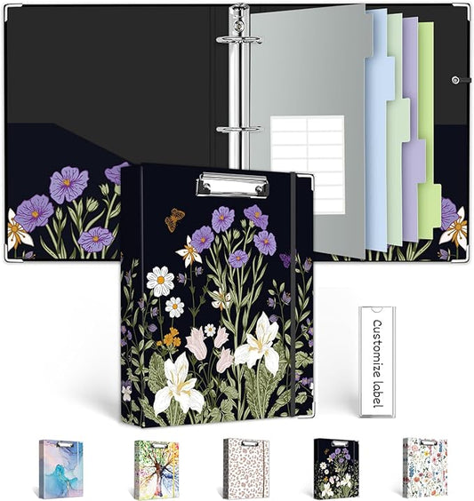 Mini Binder 3 Ring 1 Inch for 5.5"x8.5" Paper, Cute Small Three Ring Binders with Clipboard, 5-Tab Dividers, Spine ID Label Holder, BVSSX A5 Binder with Pen Holder, Black Weeds