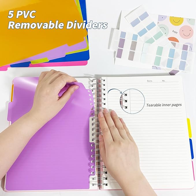 5 Subject Notebook College Ruled, 300 Pages A4 Hardcover Spiral Notebook with Removable Dividers Tabs, 8.5" x 11" Large 100GSM Lined Journal Notebooks for Work School
